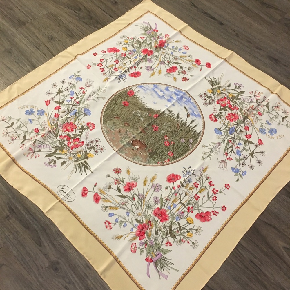Vintage Gucci silk scarf floral & field animals